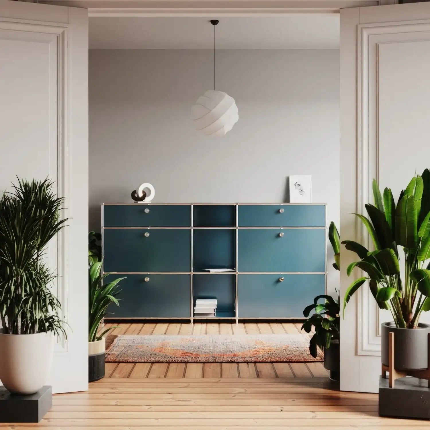 Commode bleu pétrole à 4 tiroirs et 2 portes