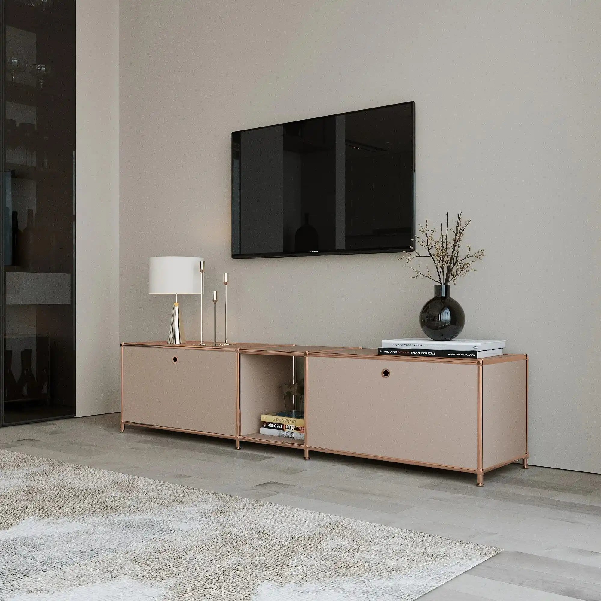 Lowboard in taupe with 2 doors – rose gold finish
