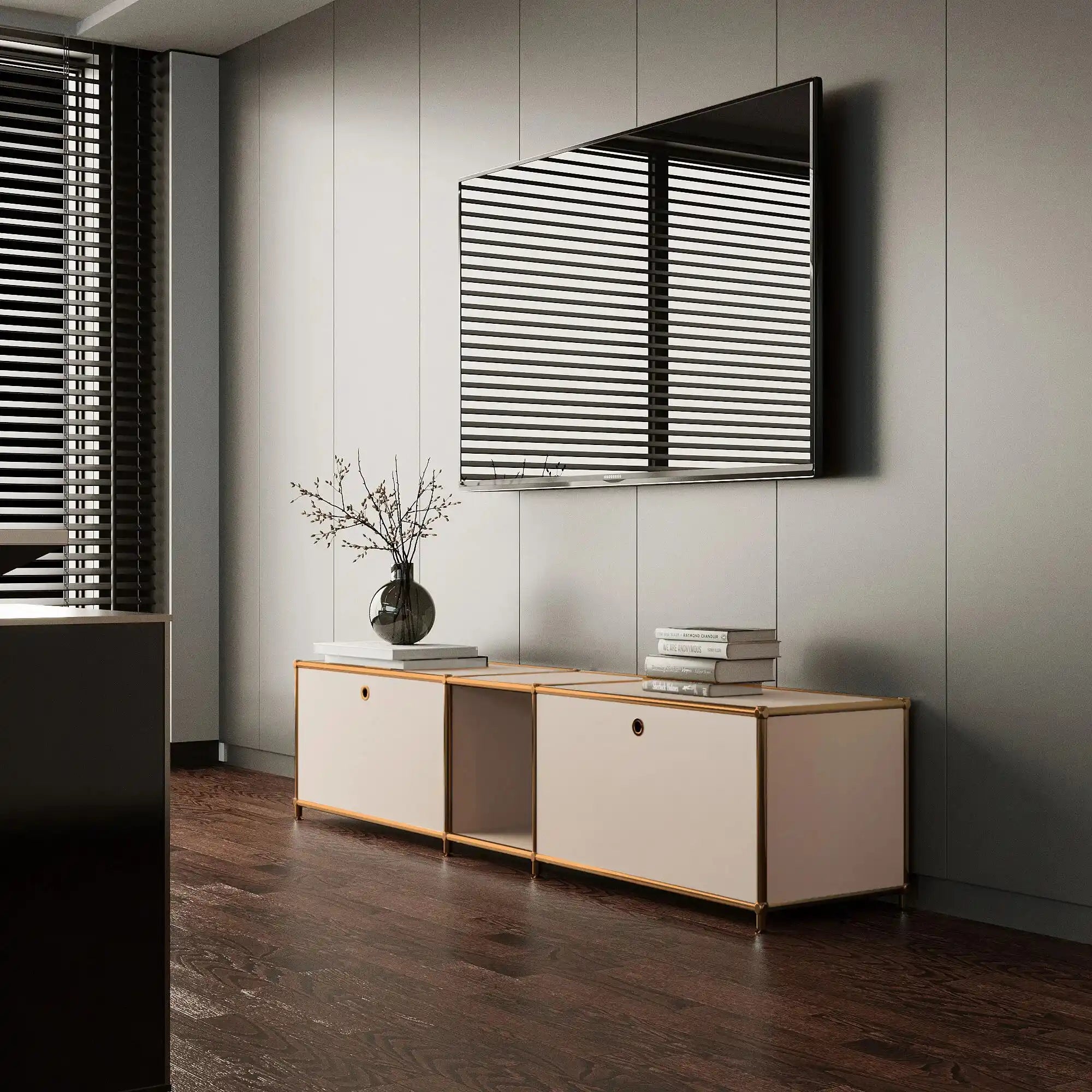 Lowboard in taupe with 2 doors – rose gold finish