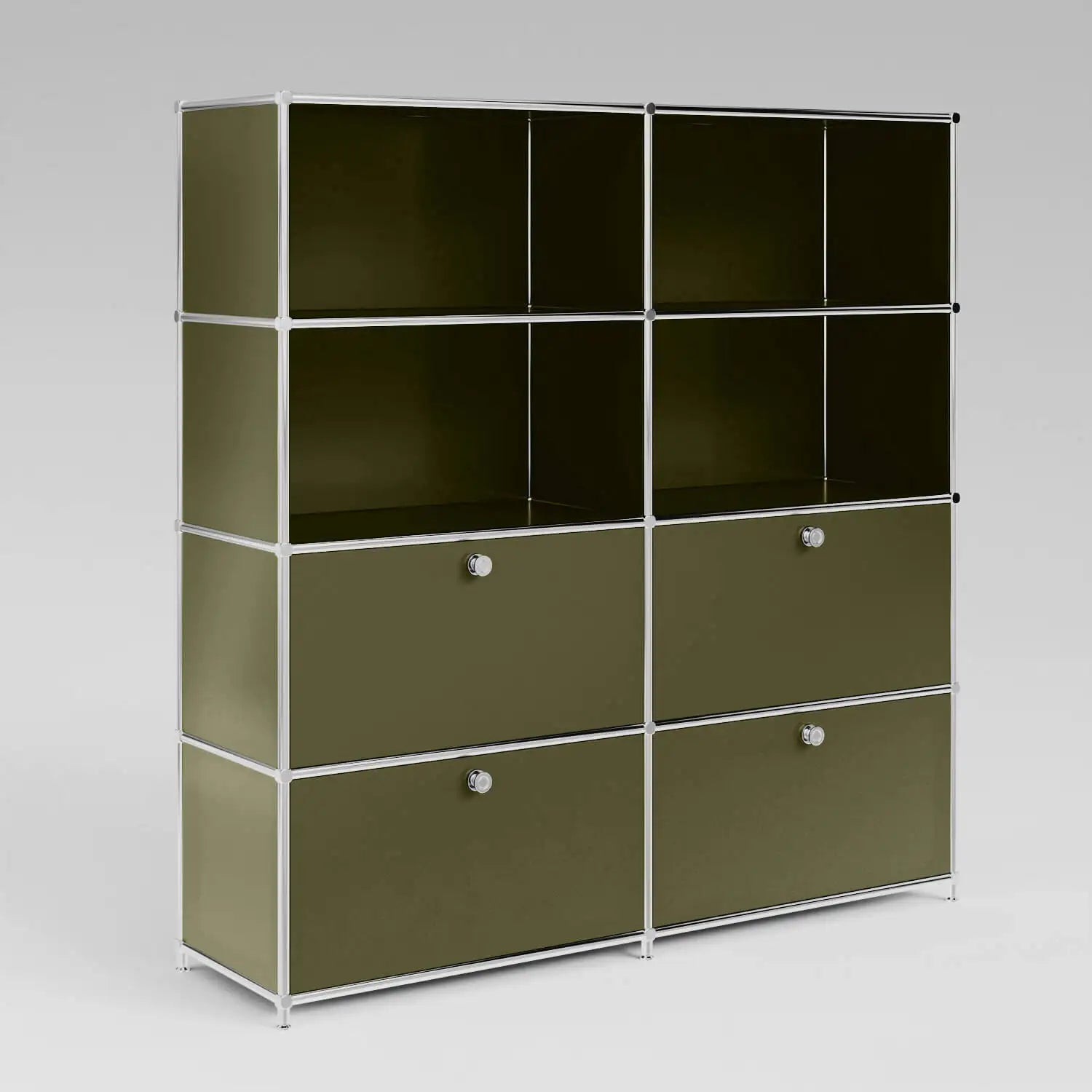 Regal in Olivgrün mit 2 Schublden / Klappen