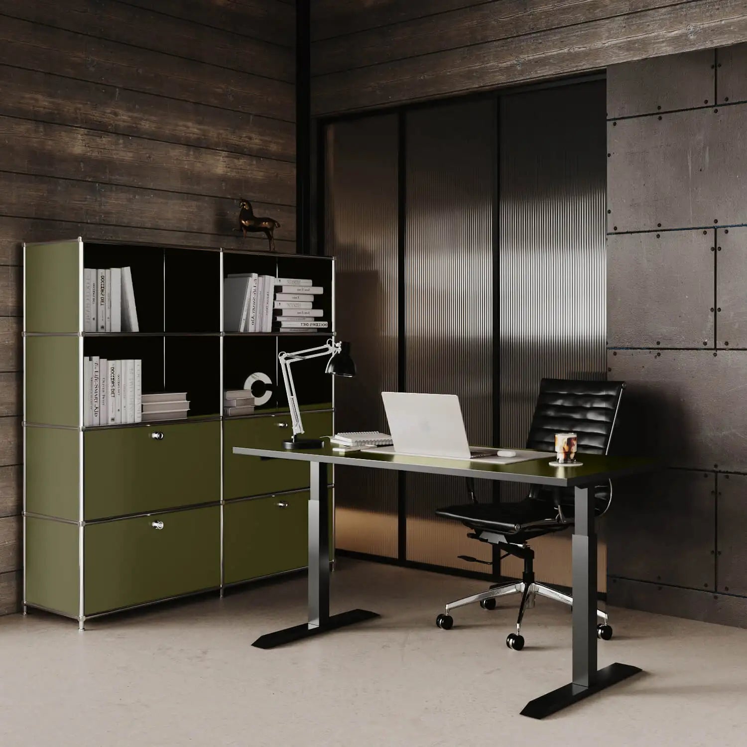 Regal in Olivgrün mit 2 Schublden / Klappen