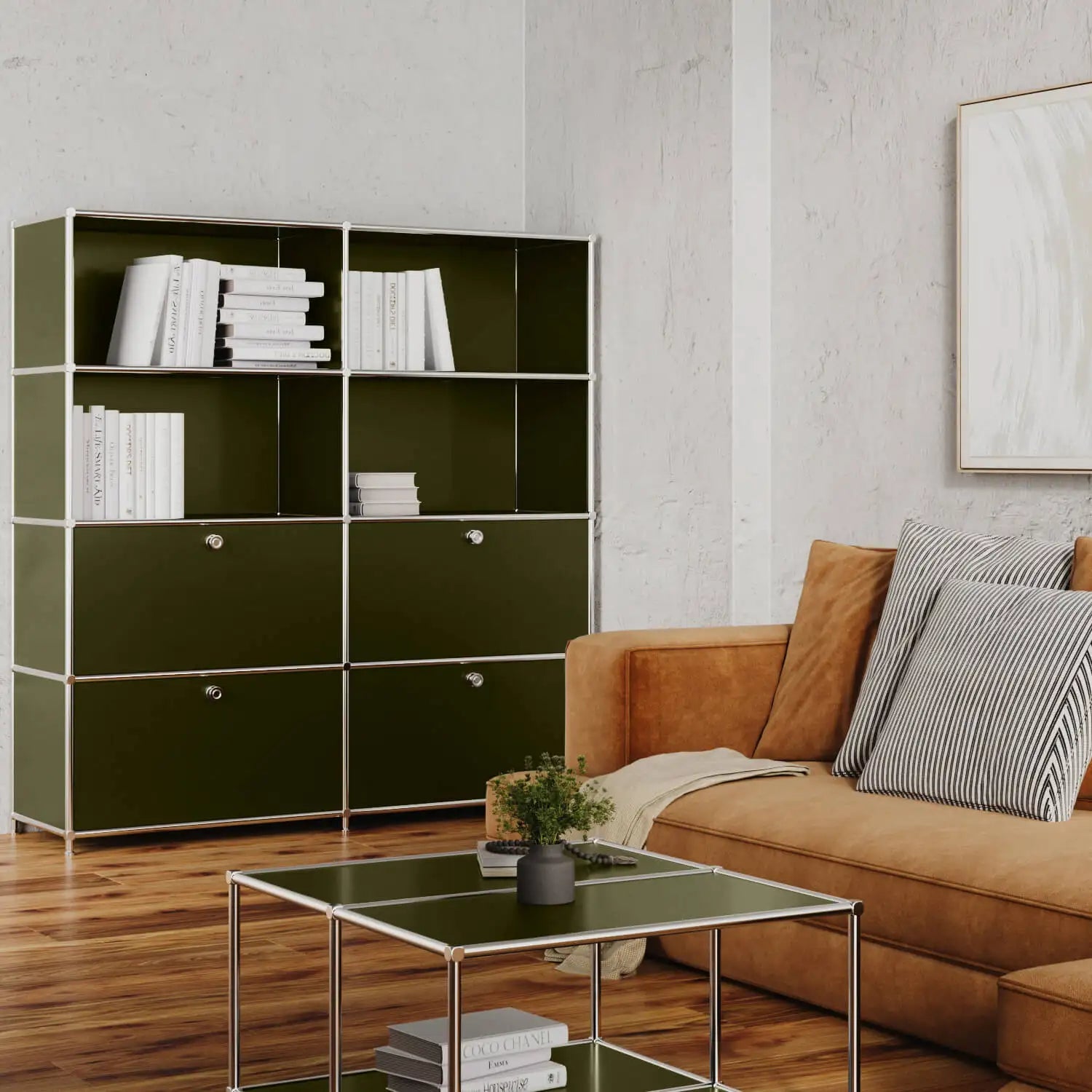 Regal in Olivgrün mit 2 Schublden / Klappen