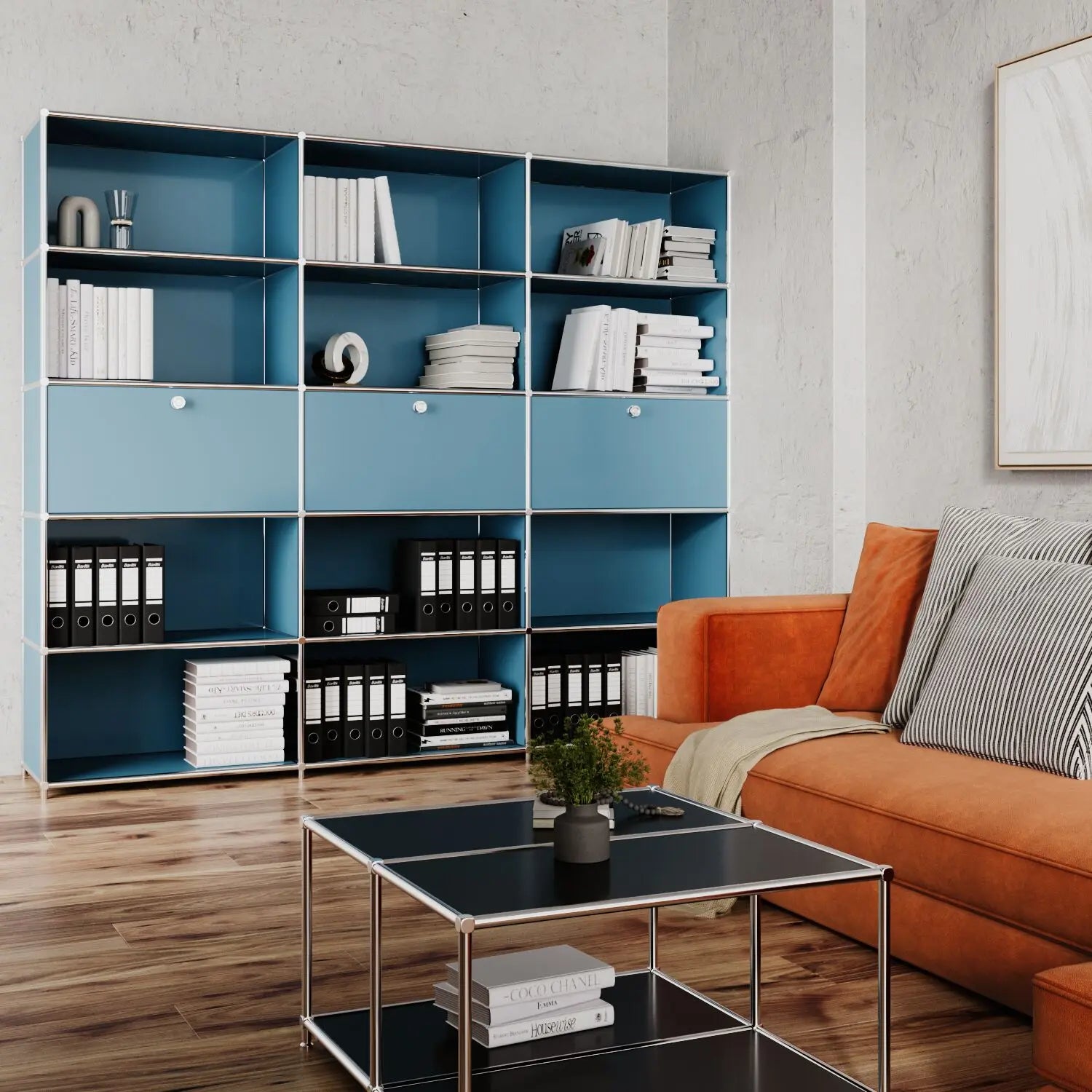 Regal in Petrol mit 3 Klappen