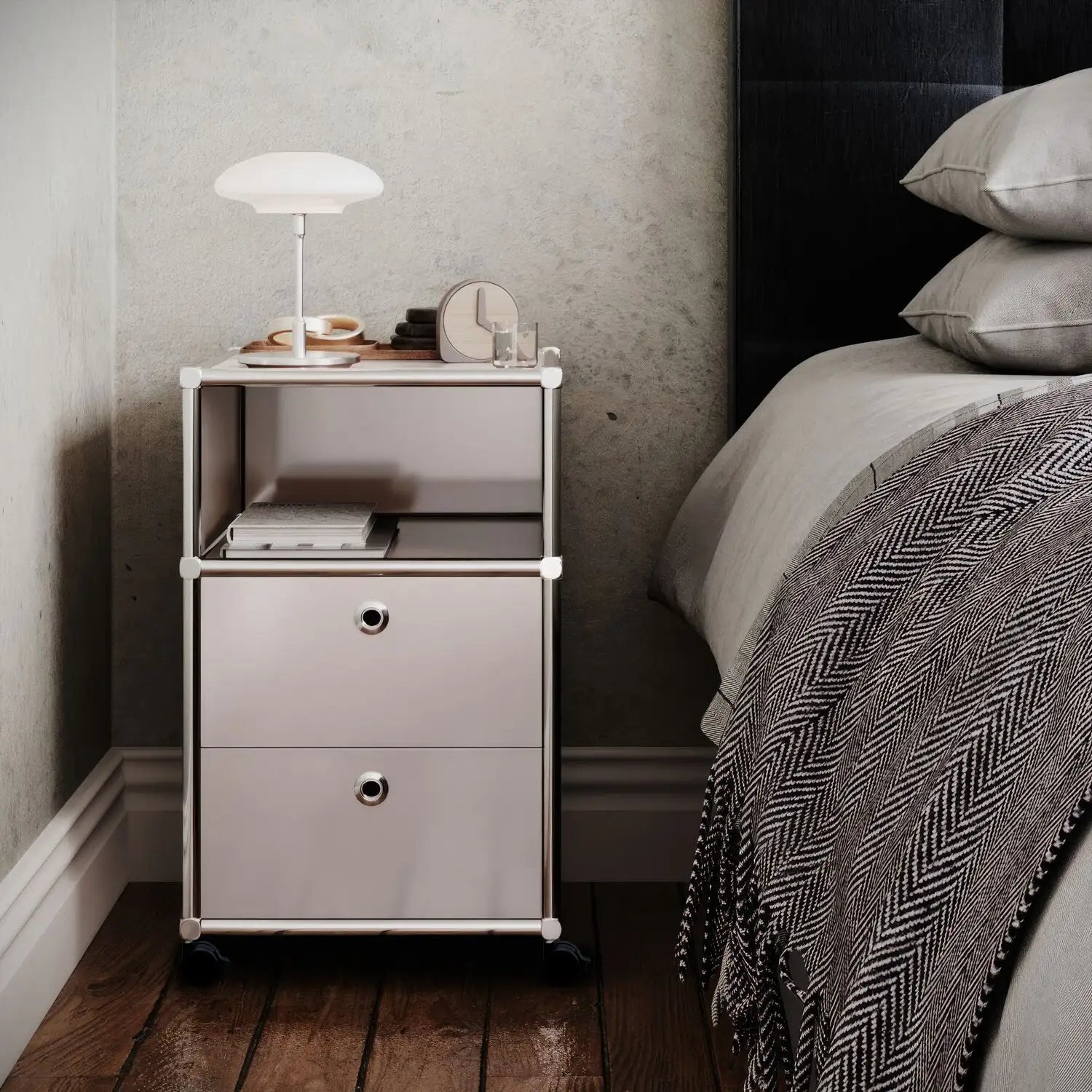 Rolling container with 2 drawers and storage compartment