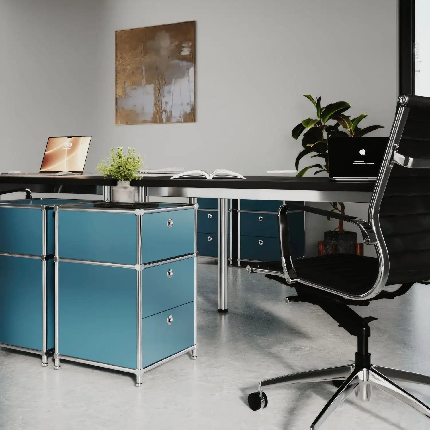 Boîte de rangement de bureau couleur pétrole avec 3 tiroirs