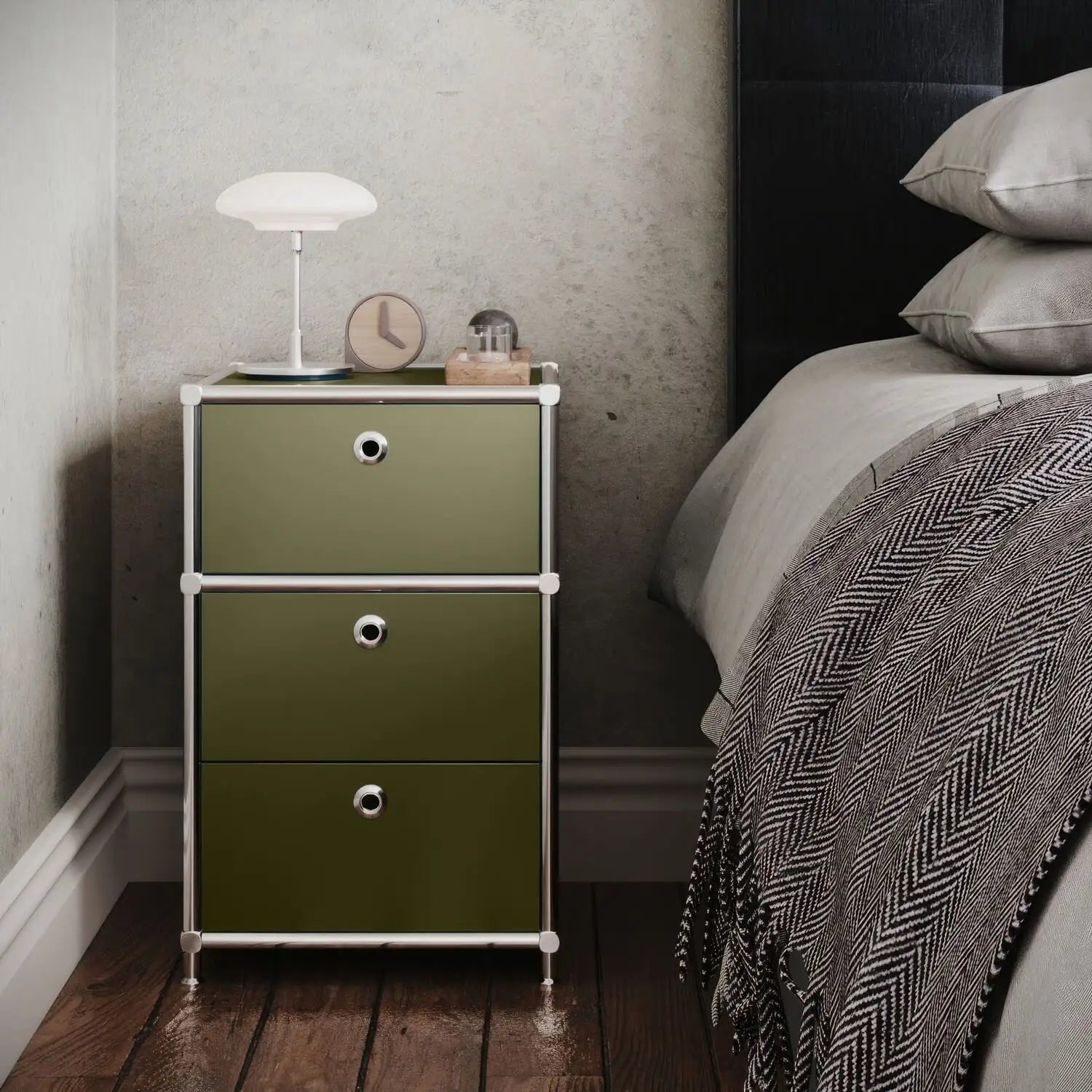 Desk container in olive green with 3 drawers