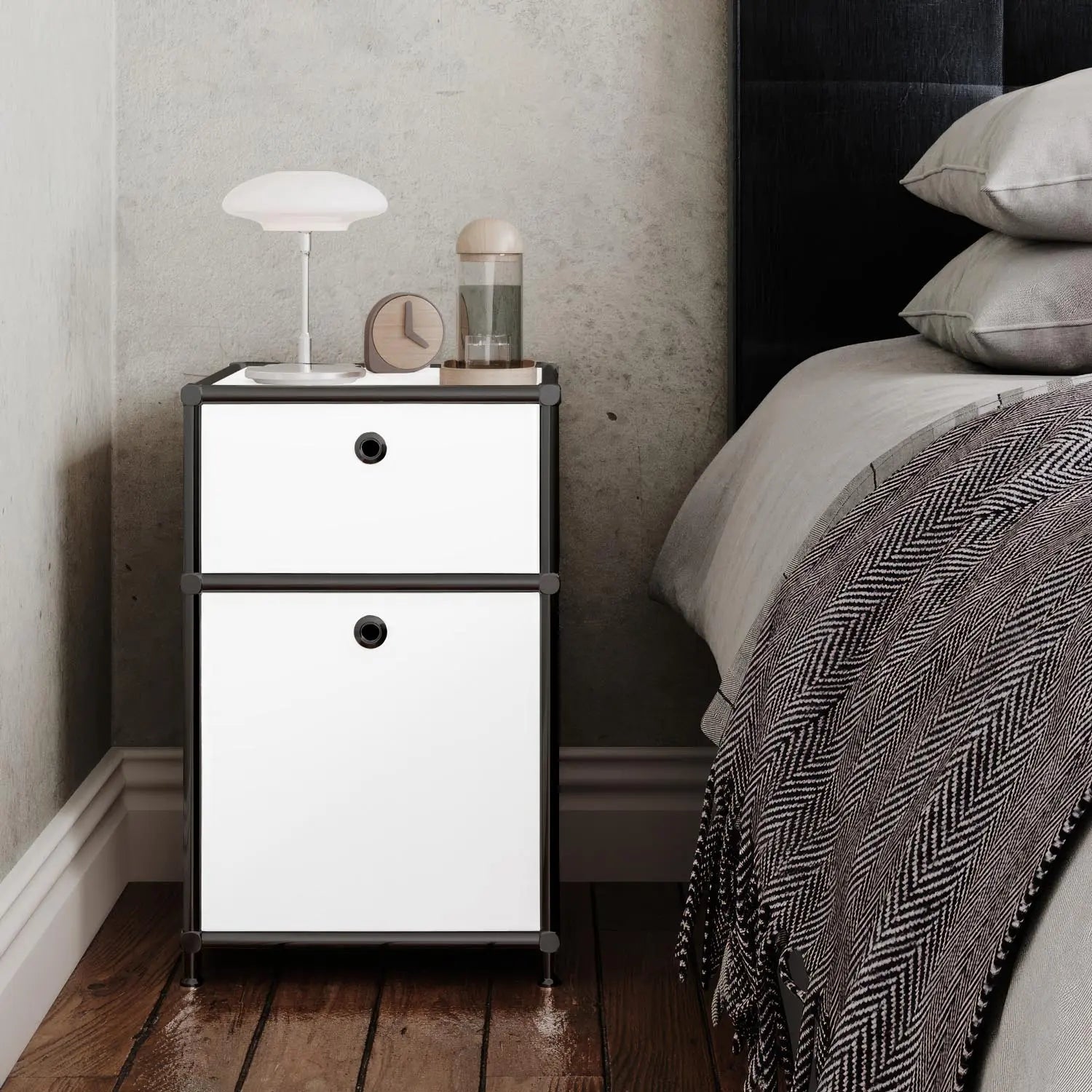 Desk container in white with 2 drawers – black chrome