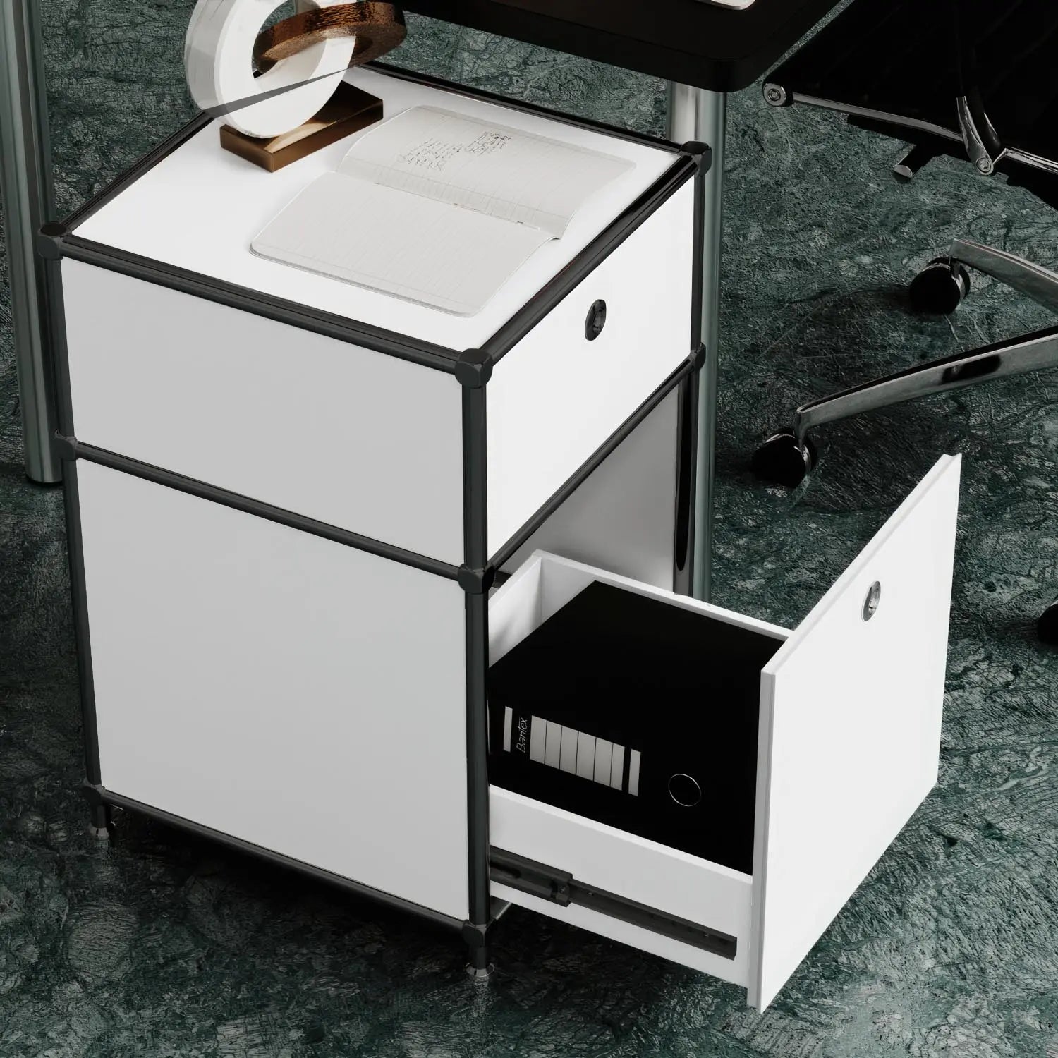Desk container in white with 2 drawers – black chrome