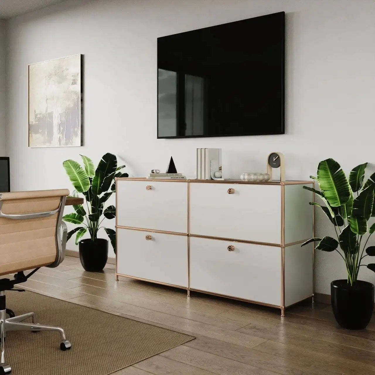 Buffet blanc à 4 portes – finition or rose