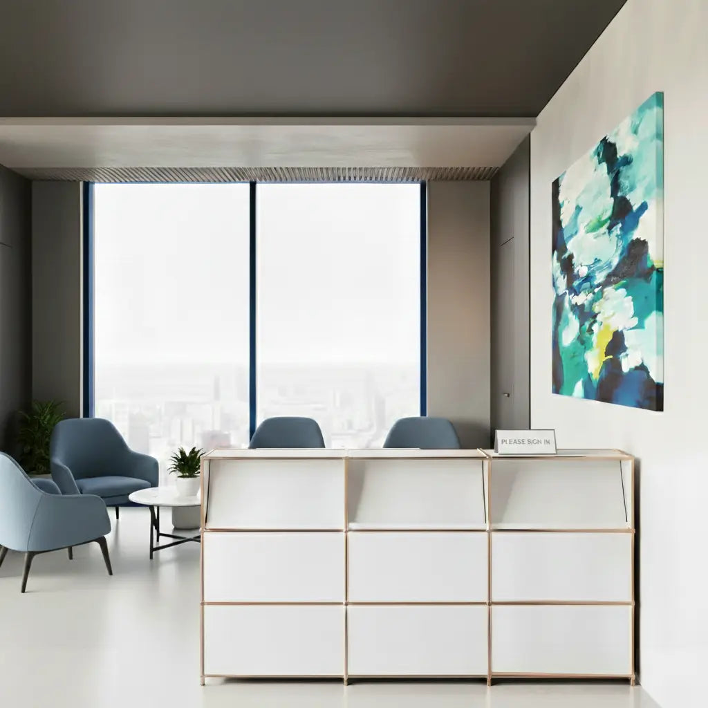 Reception desk in white with 3 brochure holders – rose gold finish