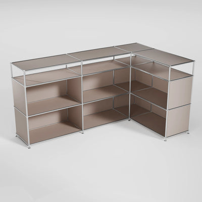 Ecksideboard taupe mit offenen Regalfächern – modulares Sideboard für Wohnzimmer & Büro