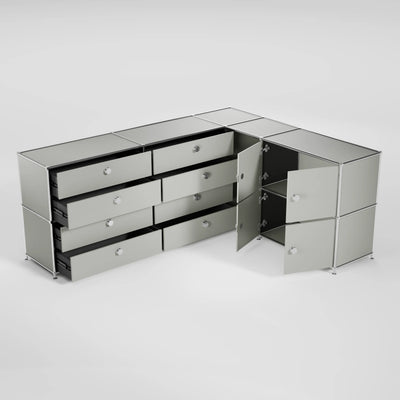 Ecksideboard hellgrau mit 8 Schubladen, 4 Klappen und Griffen – großes Flexcube Sideboard