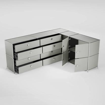 Ecksideboard hellgrau mit 8 Schubladen, 4 Klappen und Griffen – großes Flexcube Sideboard