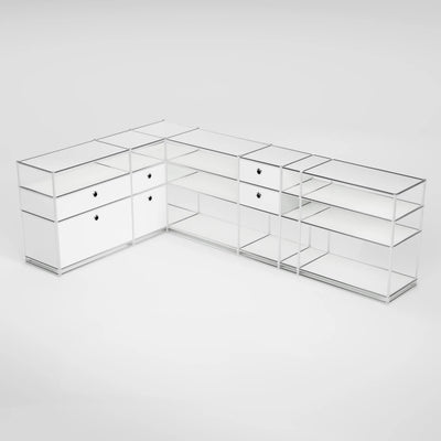 Ecksideboard weiss mit Klappe, 3 Schubladen, Doppelschublade und Lochgriff – modulares Design-Sideboard