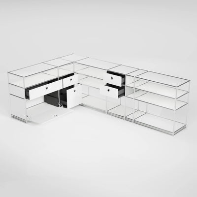 Ecksideboard weiss mit Klappe, 3 Schubladen, Doppelschublade und Lochgriff – modulares Design-Sideboard