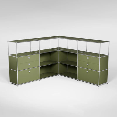 Ecksideboard olivgrün mit Schubladen, Doppelschubladen und Griffen