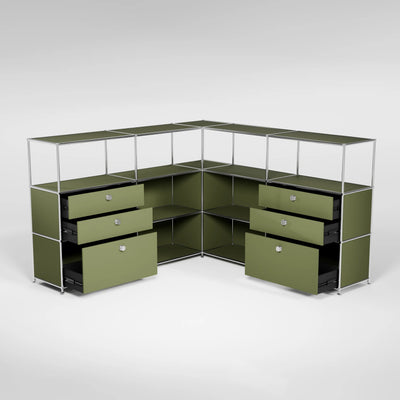 Ecksideboard olivgrün mit Schubladen, Doppelschubladen und Griffen