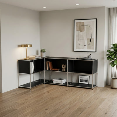 Ecksideboard schwarz mit offenen Fächern – modulares Sideboard