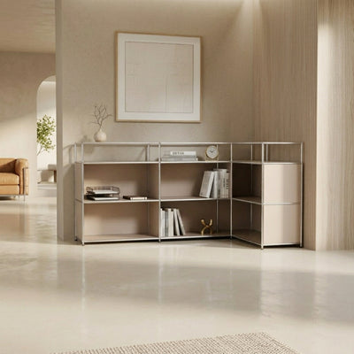 Ecksideboard taupe mit offenen Regalfächern – modulares Sideboard für Wohnzimmer & Büro