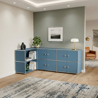 Ecksideboard petrol mit 4 Doppeltüren und Griffen – großes modulares Stauraum-Sideboard