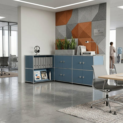 Ecksideboard petrol mit 4 Doppeltüren und Griffen – großes modulares Stauraum-Sideboard