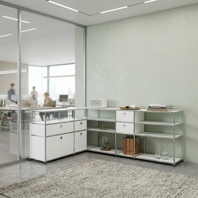 Ecksideboard weiss mit Klappe, 3 Schubladen, Doppelschublade und Lochgriff – modulares Design-Sideboard