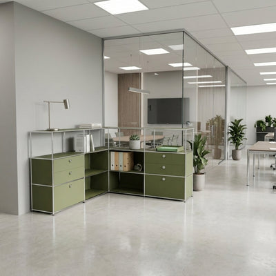 Ecksideboard olivgrün mit Schubladen, Doppelschubladen und Griffen