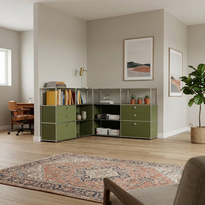 Ecksideboard olivgrün mit Schubladen, Doppelschubladen und Griffen