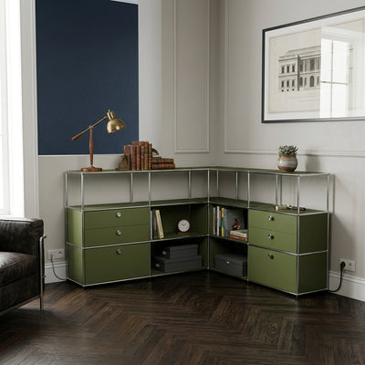 Ecksideboard olivgrün mit Schubladen, Doppelschubladen und Griffen