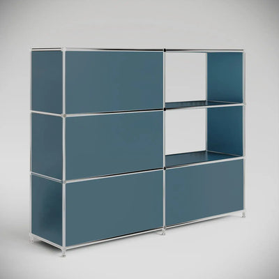 Small reception counter in petrol blue with 2 compartments for product presentation