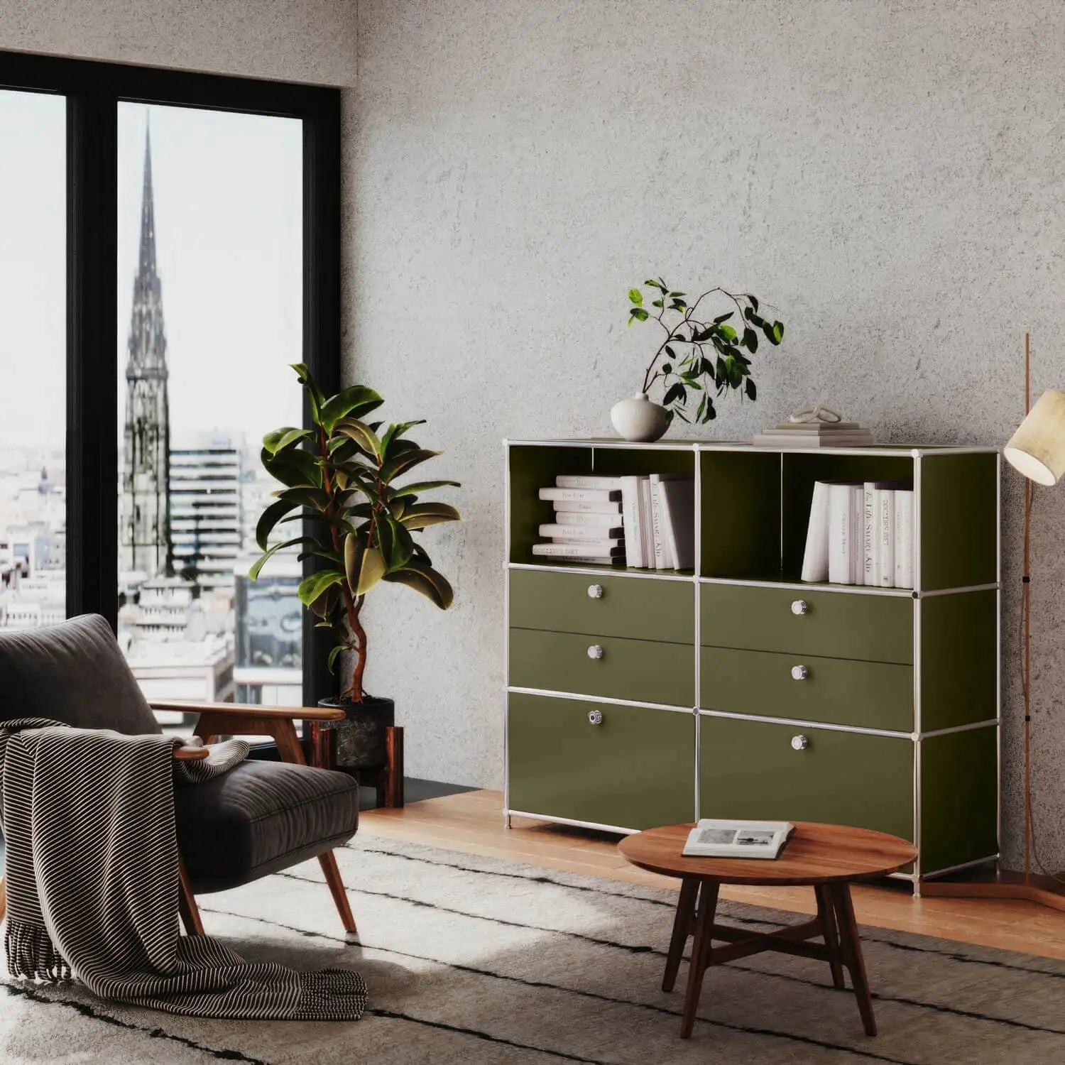 Commode vert olive à 6 tiroirs