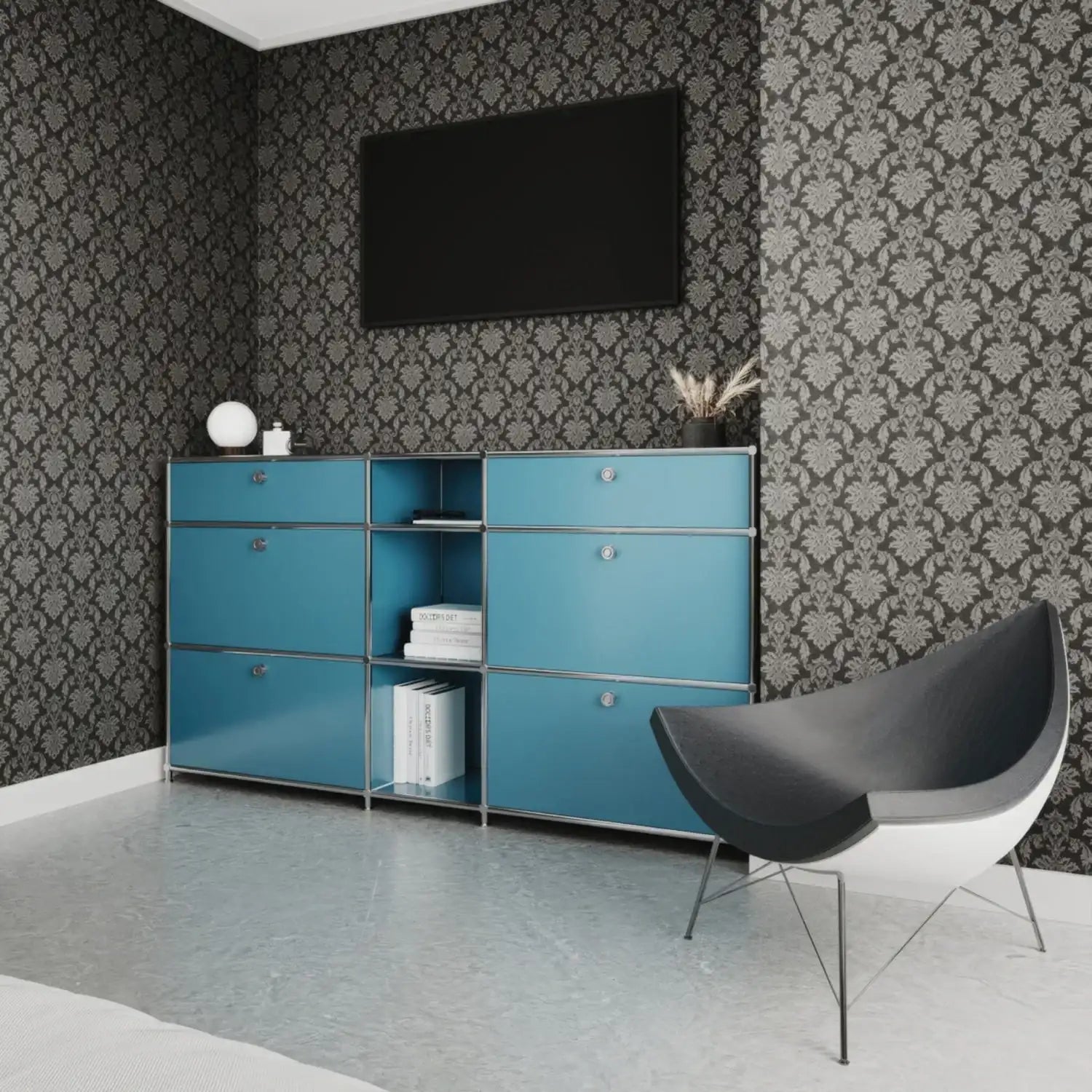 Commode bleu pétrole à 4 tiroirs et 2 portes