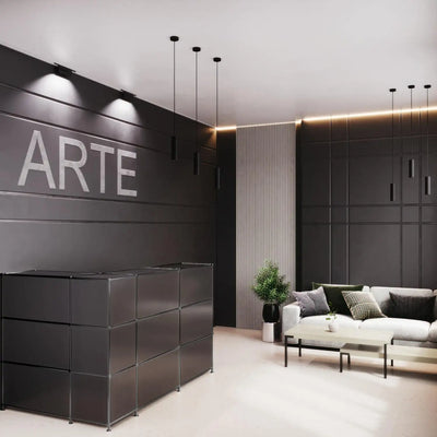 Compact reception desk in chrome black