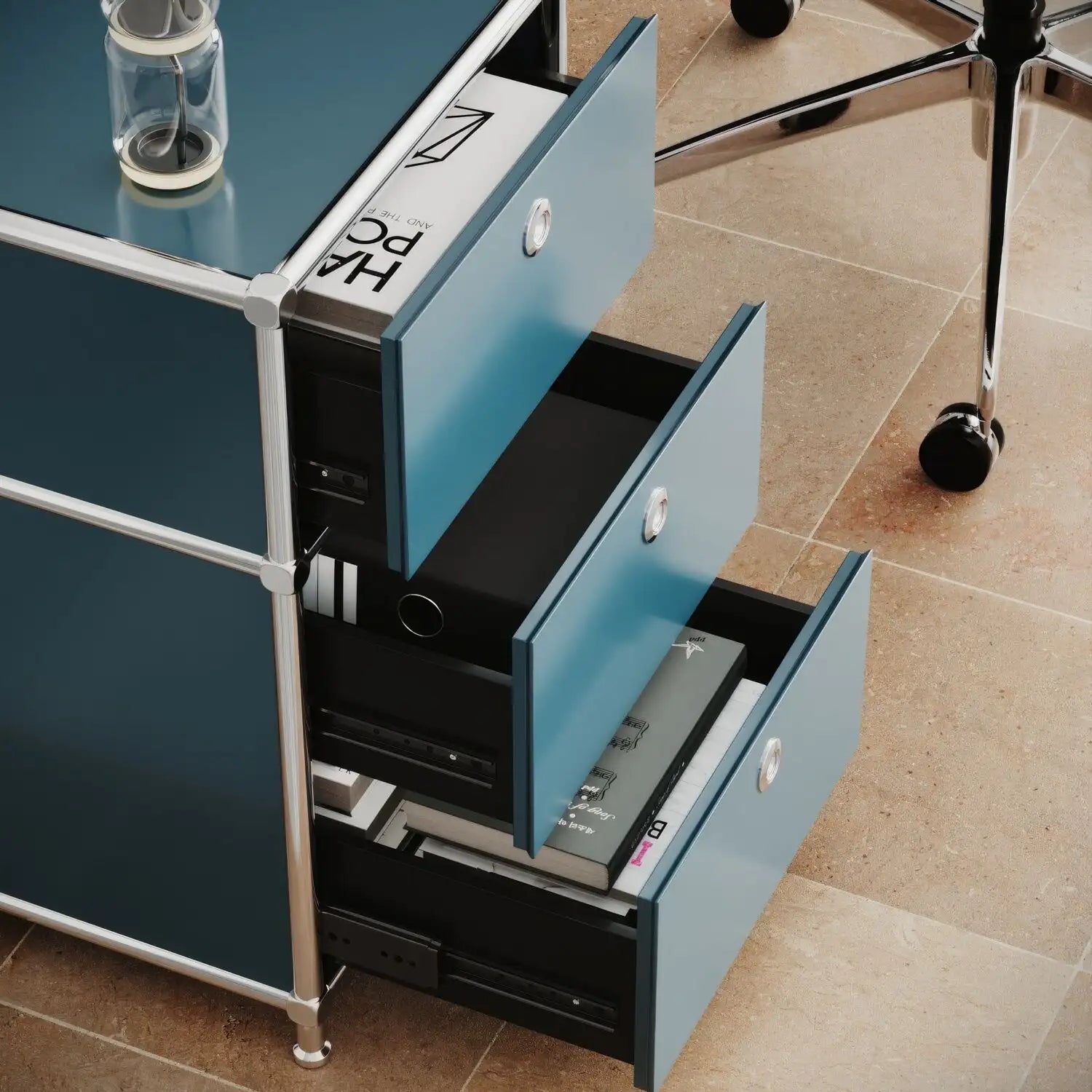 Petrol-colored desk container with 3 drawers