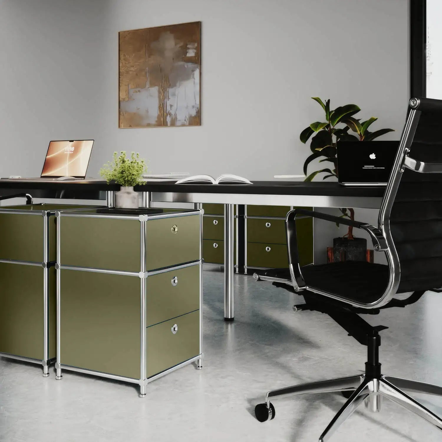 Desk container in olive green with 3 drawers