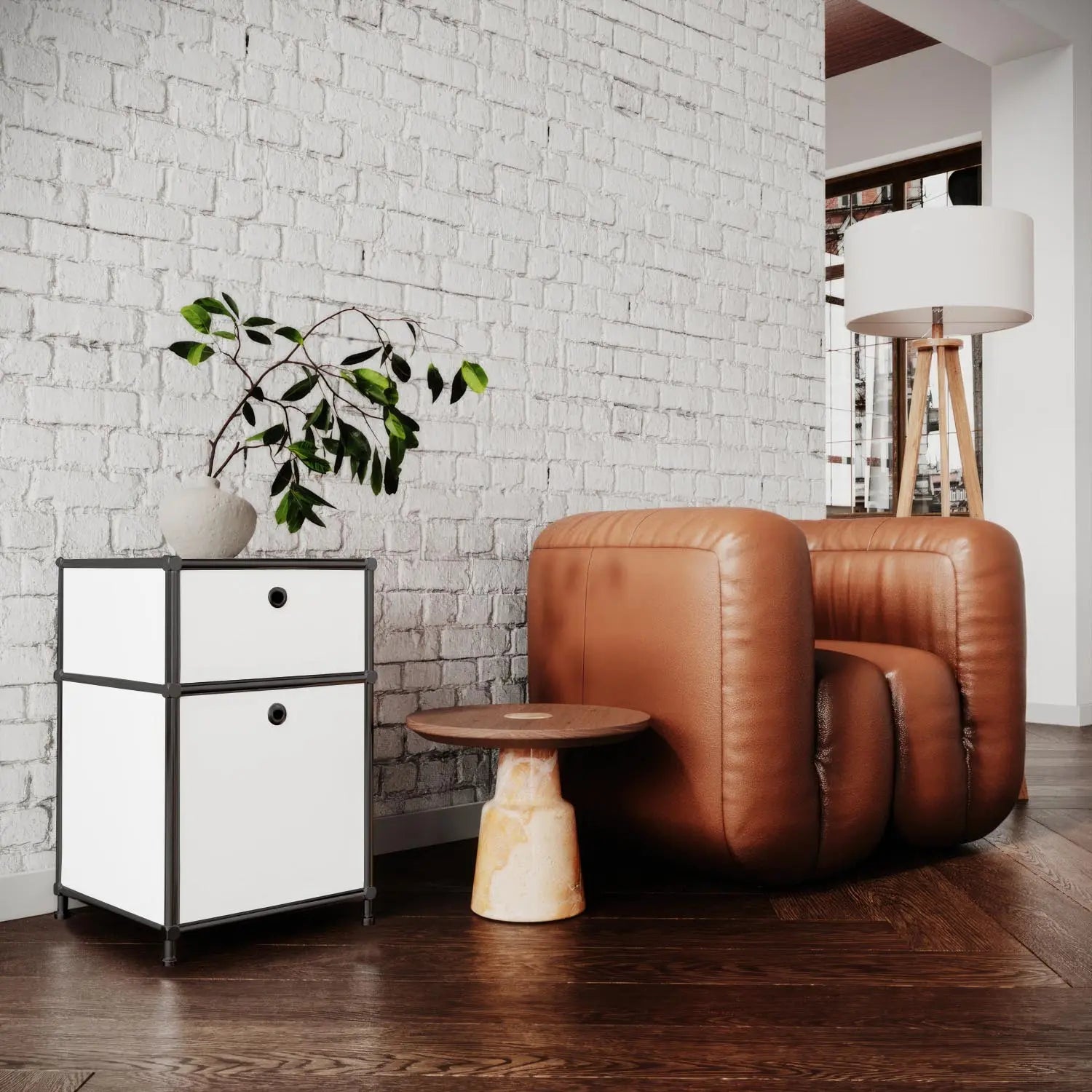 Desk container in white with 2 drawers – black chrome
