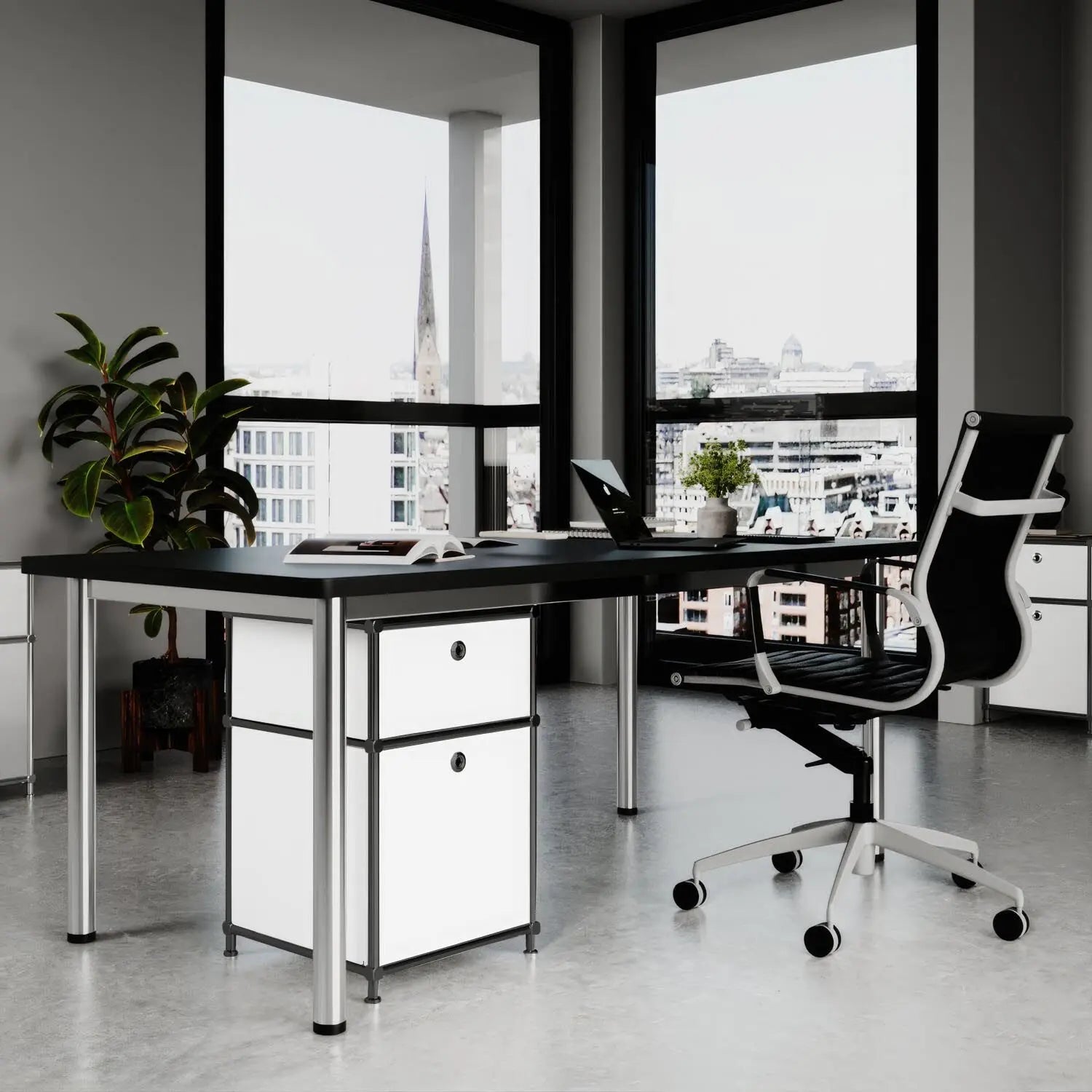Desk container in white with 2 drawers – black chrome