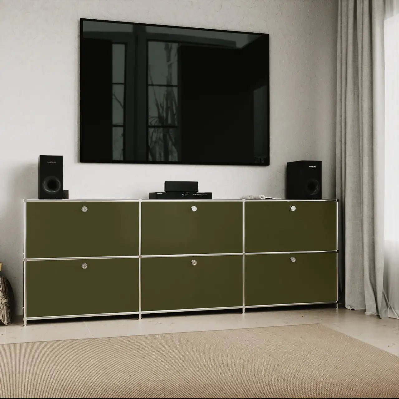 Buffet vert olive à 3 tiroirs/abattants