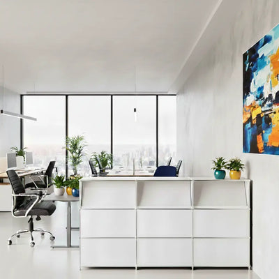 Reception desk in white with 3 brochure holders