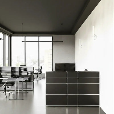 Reception desk in black with low and high compartments