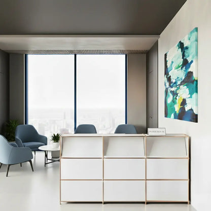 Reception desk in white with 3 brochure holders – rose gold finish